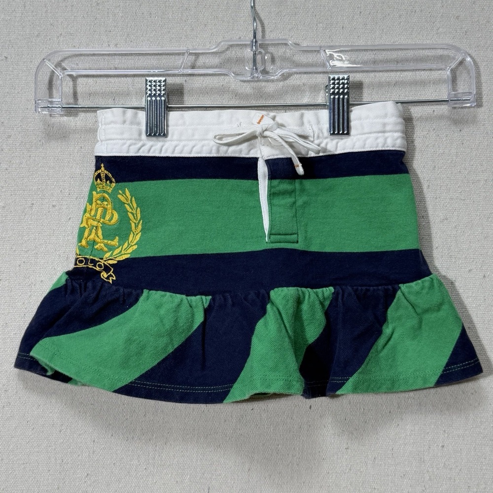 Ralph Lauren Girls Skort 4T Green Blue Stripe Polo Crest Skirt Shorts Rugby